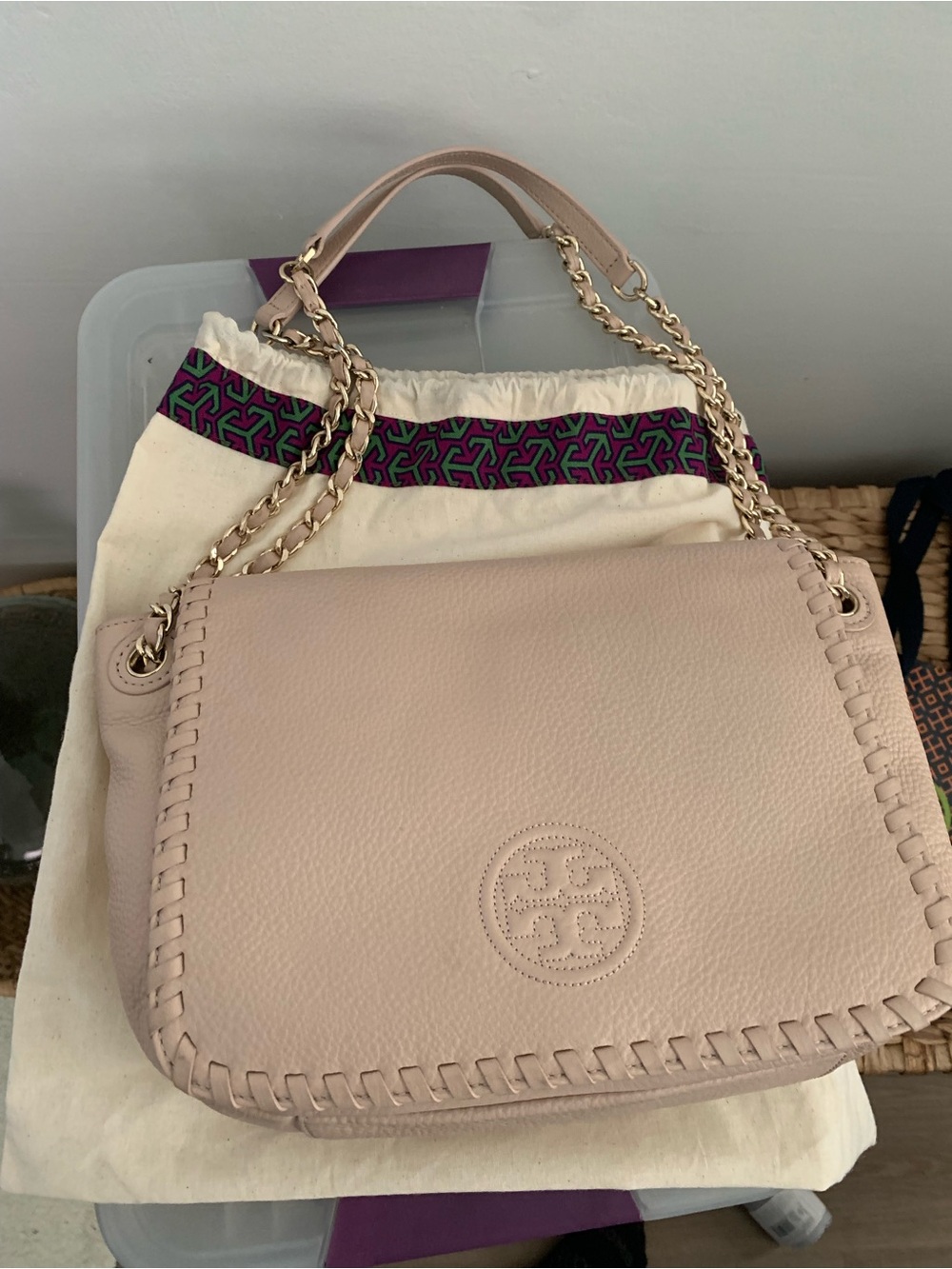 Tory Burch Pale Blush Leather Whipstitch Chain Shoulder Bag